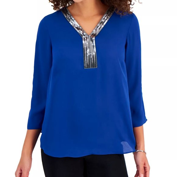 JM COLLECTION Women's Sequin-Trim 3/4-Sleeve Tunic - Picture 1 of 3